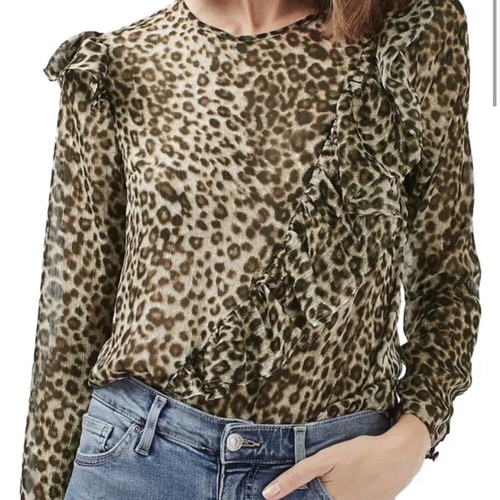 Topshop Blouse Top Leopard Print Ruffled Sheer Long Sleeve Size 2 NEW
